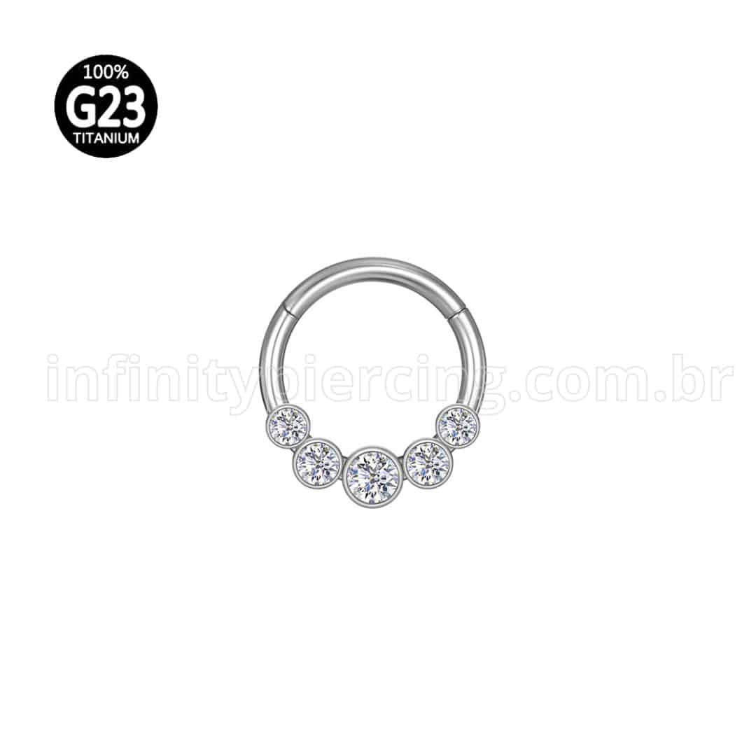 Piercing Argola Titânio Segmento Articulado 5 Pedras Zircônia Cravejada